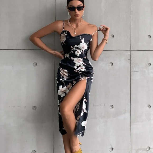 Floral print satin cami cowl neck midi dress thigh slit black - Picture 3 of 3